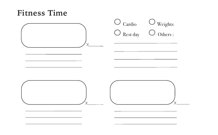 The Fitness Time block: cardio, weights, rest and other boxes, with room for exercises.