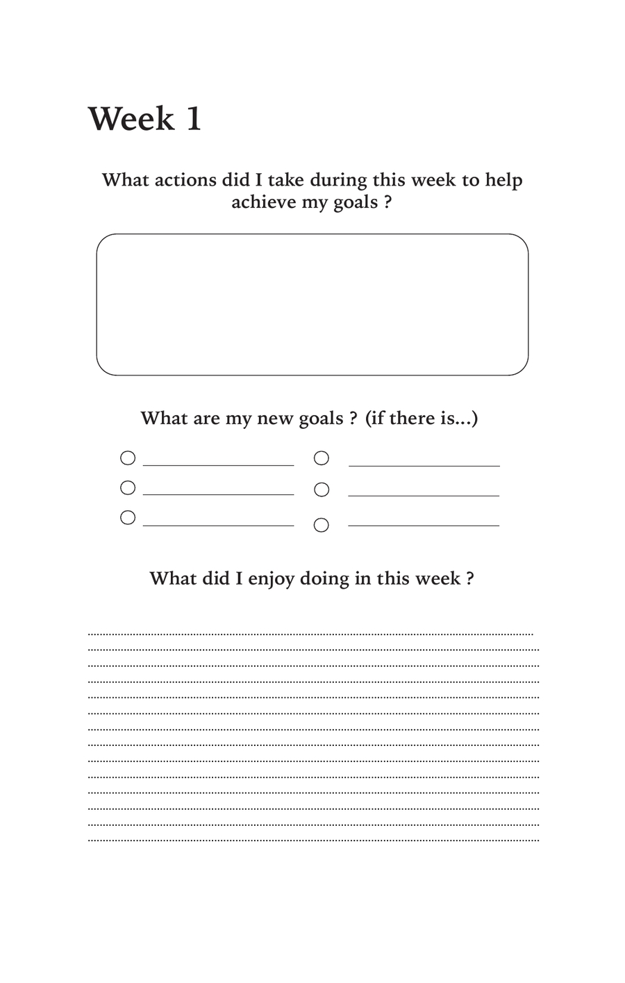La page de bilan hebdomadaire et ses trois questions.