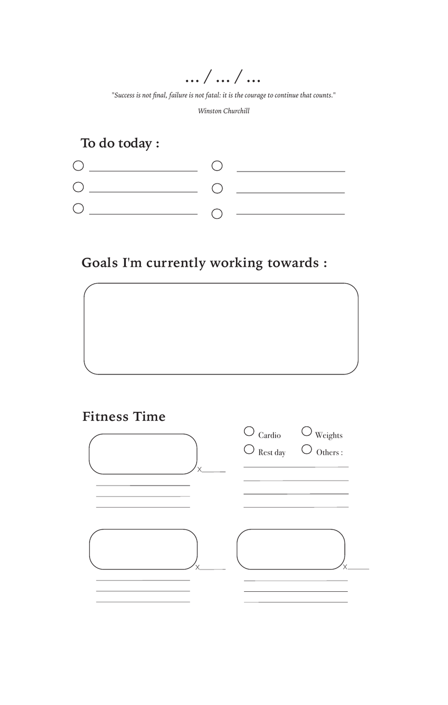 La page de gauche d'un jour : date, citation, tâches, objectifs et bloc Fitness Time.